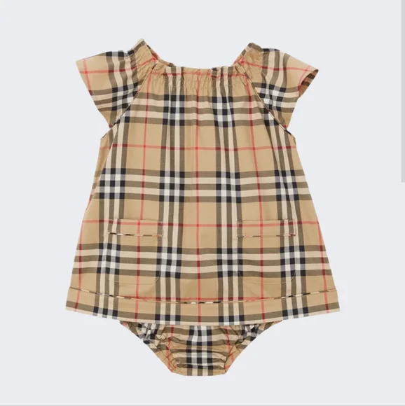 BURBERRY KIDS VINTAGE CHECK STRETCH COTTON DRESS WITH BLOOMERS and BOOTIES SZ 19 Kids